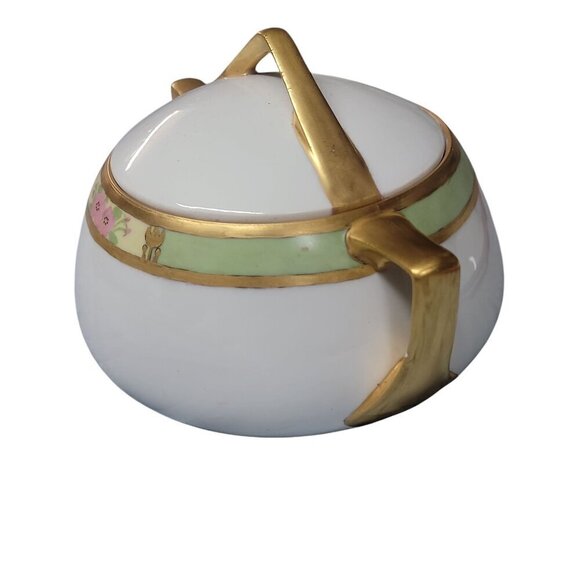 Q&EG Royal Austria Large Lidded Bowl Gold Trim Green Floral 4"T Double Handled - Picture 6 of 14